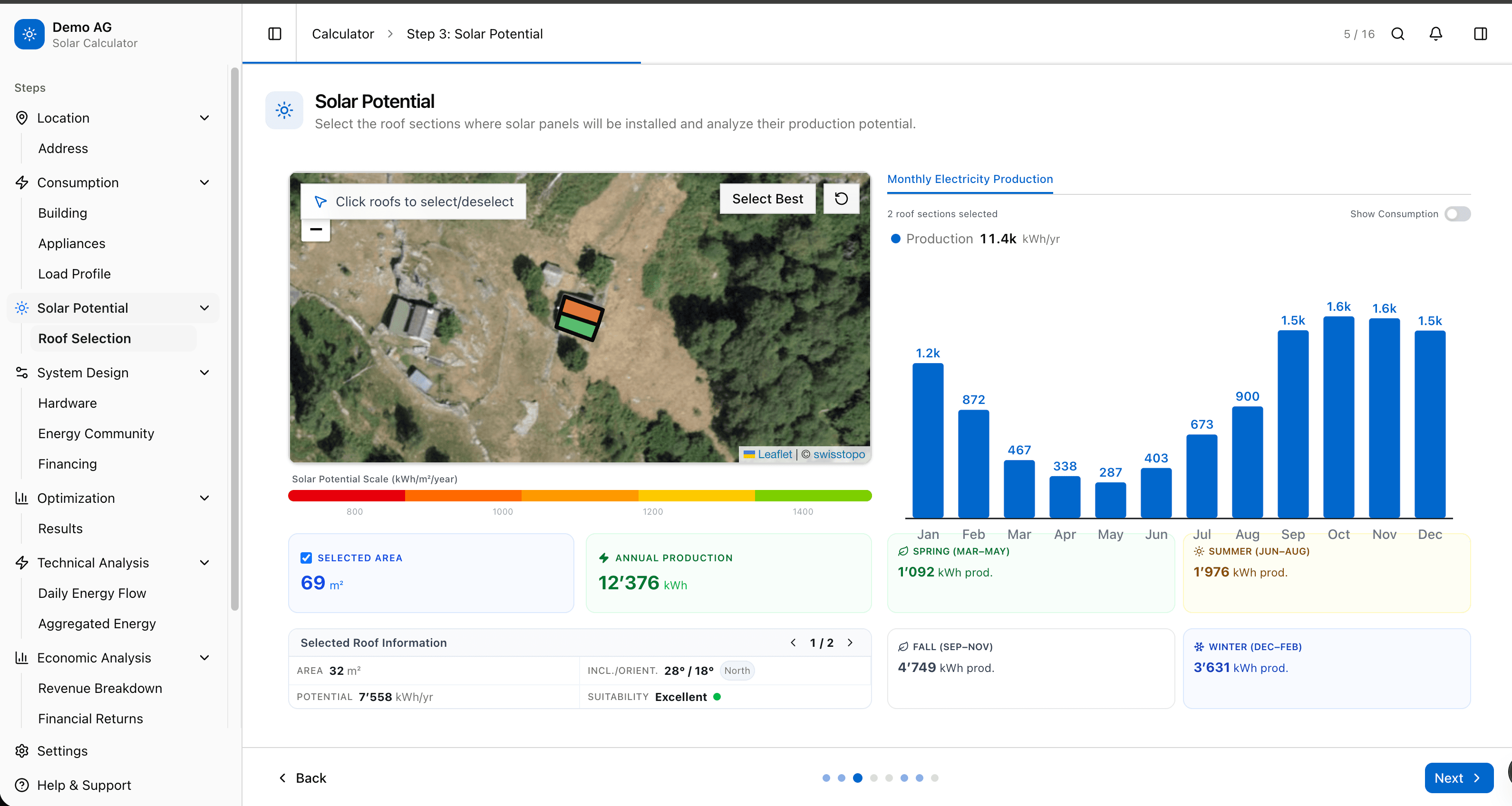Solvetia-Plattform-Dashboard — Schritt zur Systemauslegung mit Panel-Layout, kWp-Regler, Batterieoptionen und Live-Cashflow